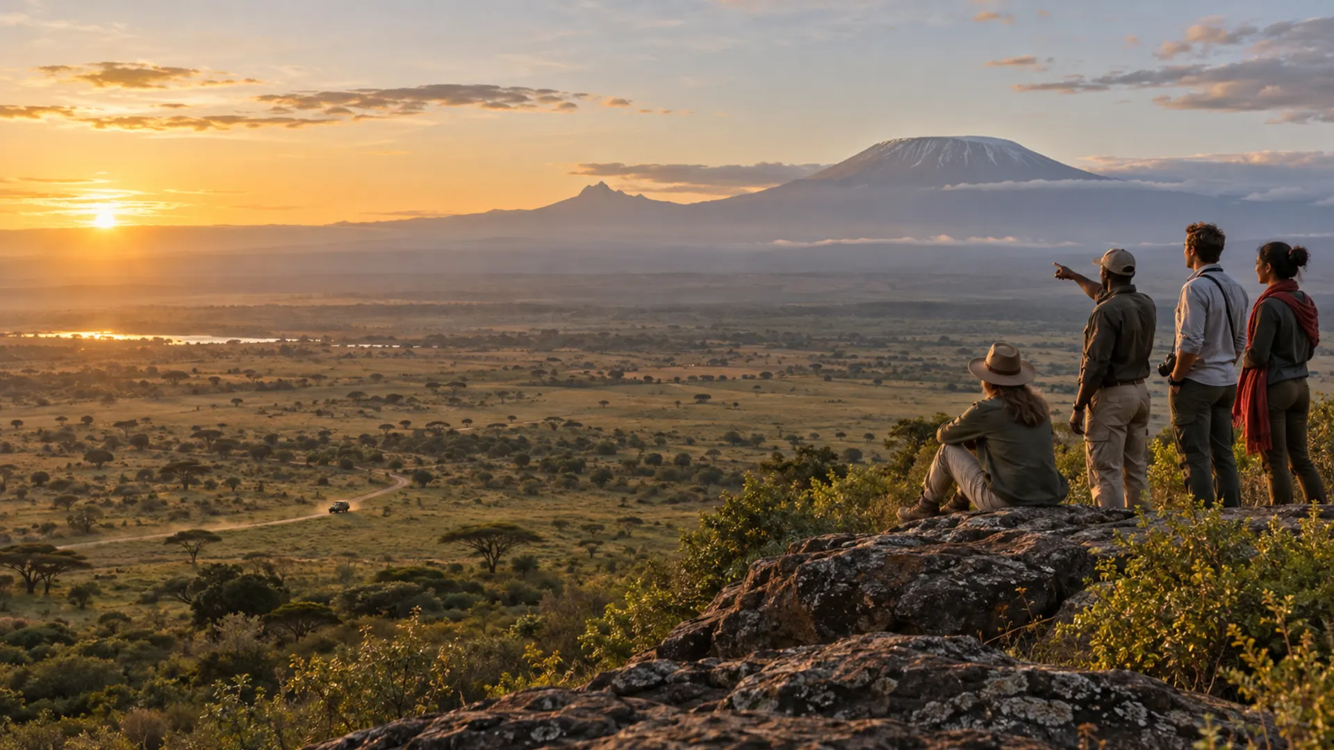 Travelers overlooking an East African landscape at sunrise